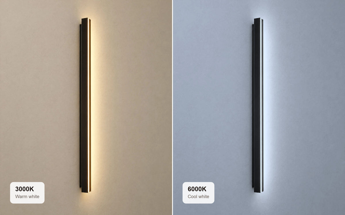 The same linear outdoor wall light shown at 3000K warm white and 6000K cool white