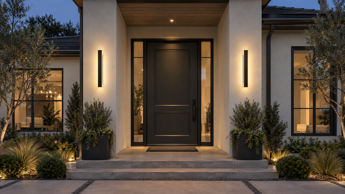 Pair of black linear outdoor wall lights flanking a modern front door at dusk