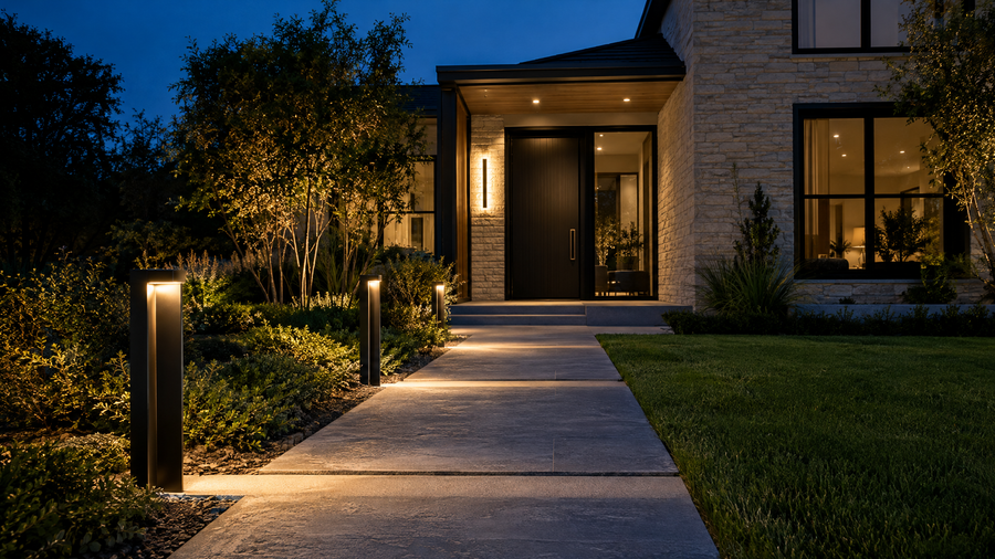 Modern black path lights along a stone walkway leading to a front door with a linear wall light at twilight