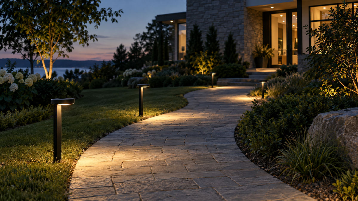 Staggered black path lights along a curved stone walkway at twilight