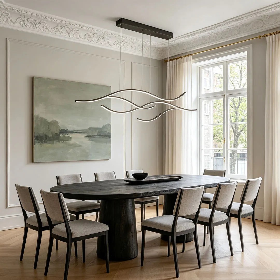 Crescent Modern Wave Linear Pendant Light | Dimmable LED Kitchen Island Chandelier, Black, Gold or Chrome
