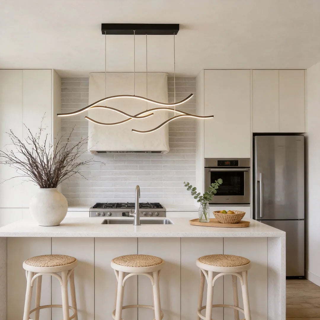 Crescent Modern Wave Linear Pendant Light | Dimmable LED Kitchen Island Chandelier, Black, Gold or Chrome