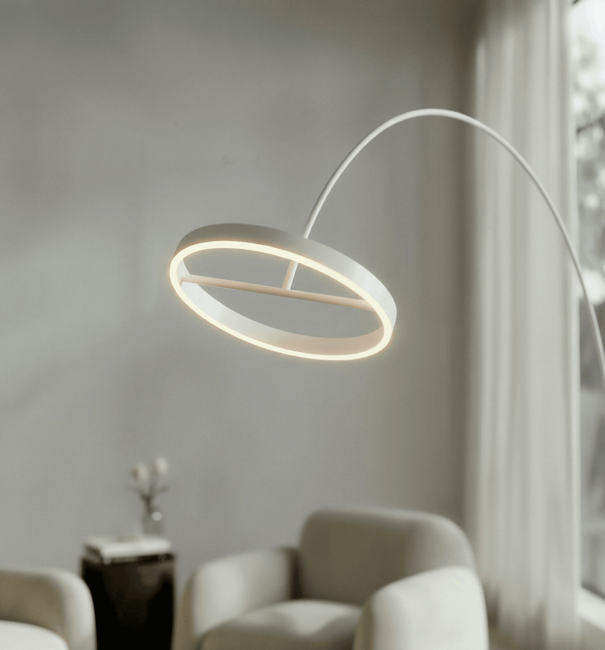Aurelia Modern Arc Floor Lamp | Dimmable LED Ring Floor Light with Remote, Black Chrome or White