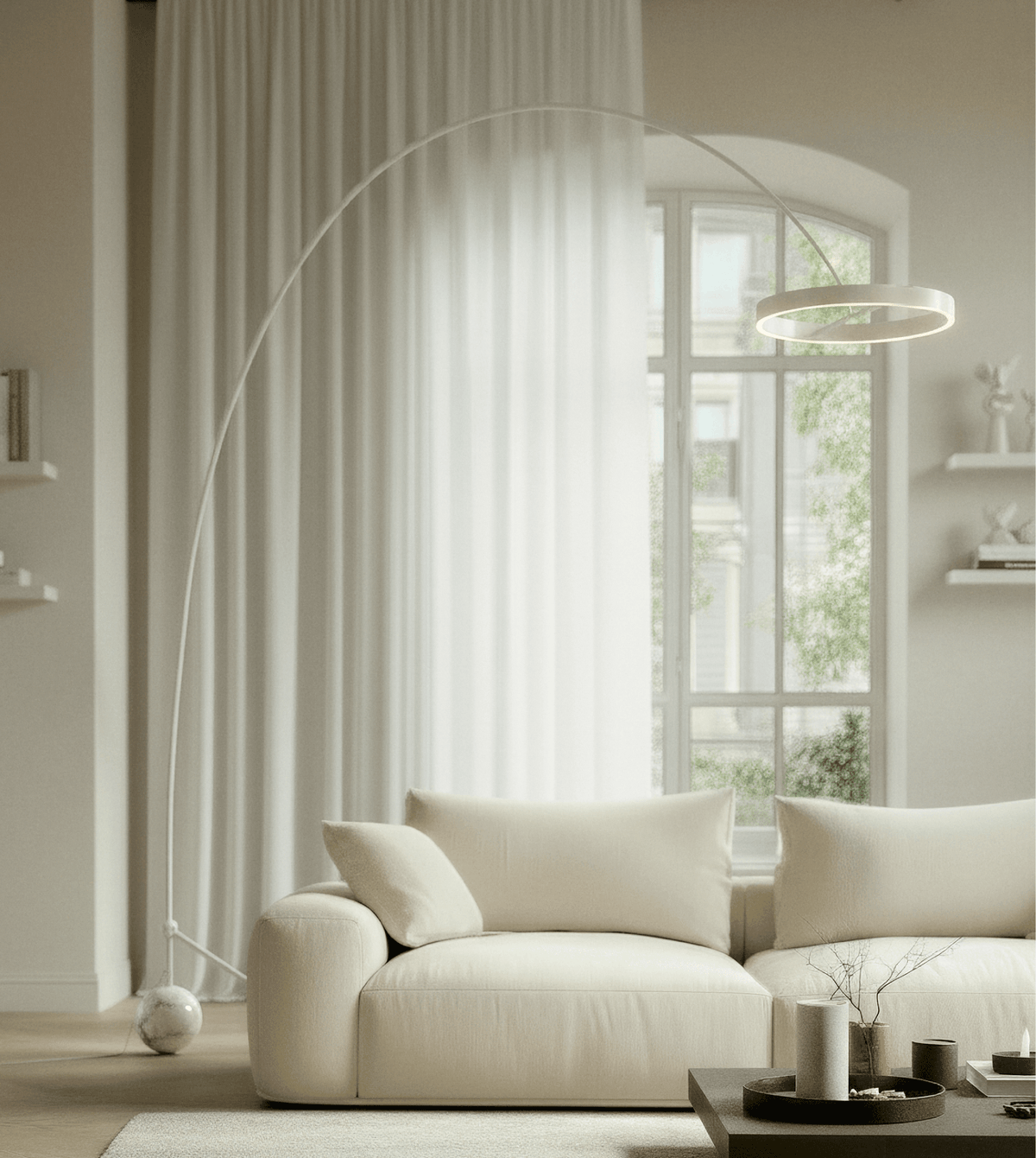 Aurelia Modern Arc Floor Lamp | Dimmable LED Ring Floor Light with Remote, Black Chrome or White