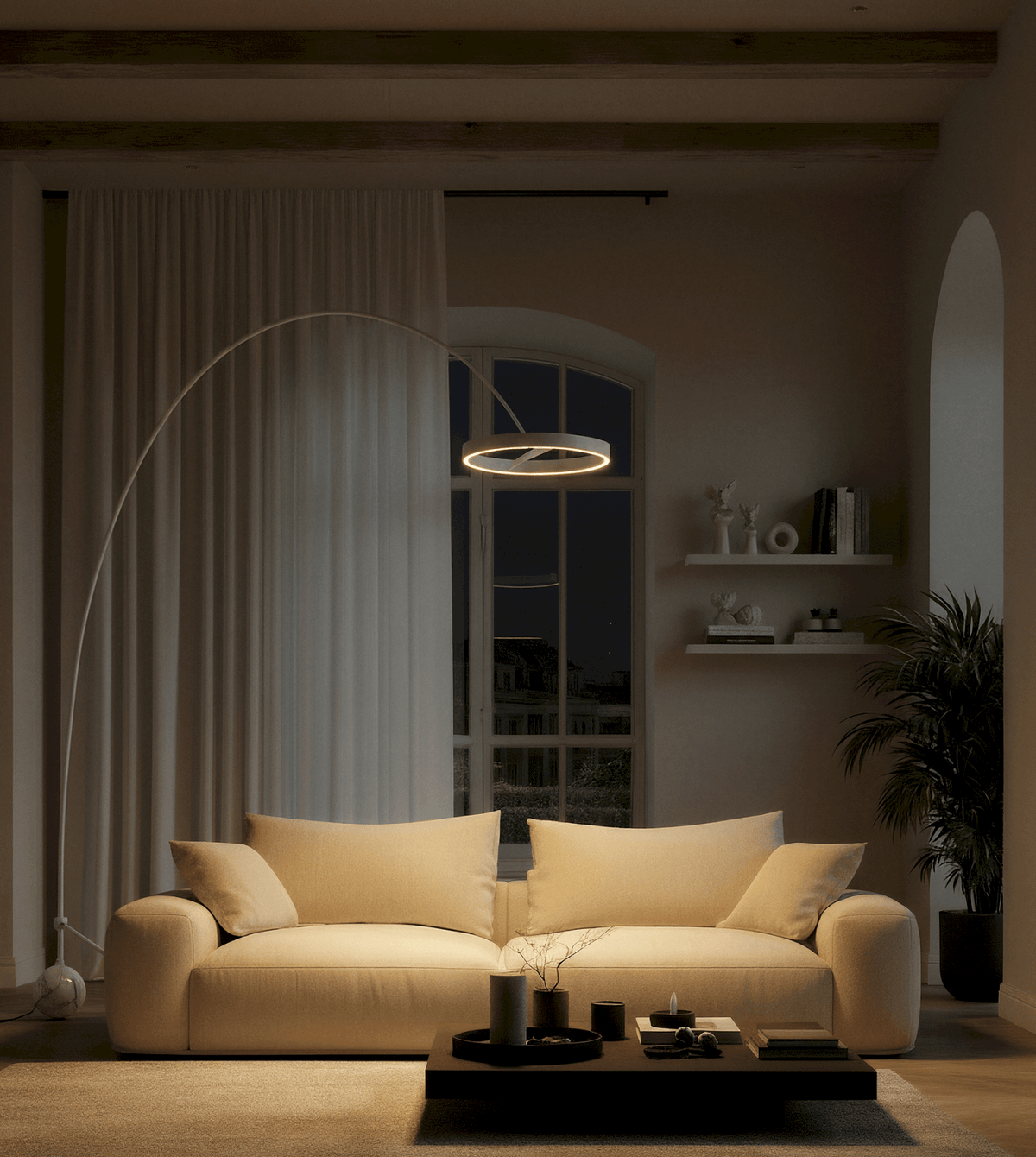 Aurelia Modern Arc Floor Lamp | Dimmable LED Ring Floor Light with Remote, Black Chrome or White