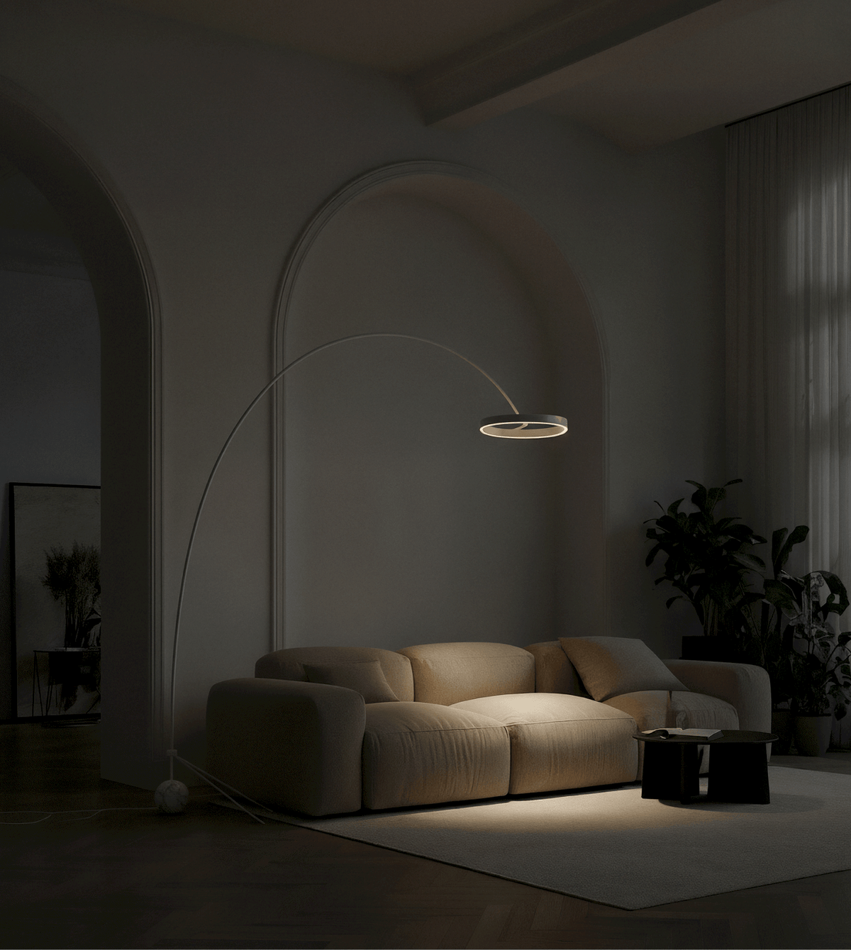 Aurelia Modern Arc Floor Lamp | Dimmable LED Ring Floor Light with Remote, Black Chrome or White