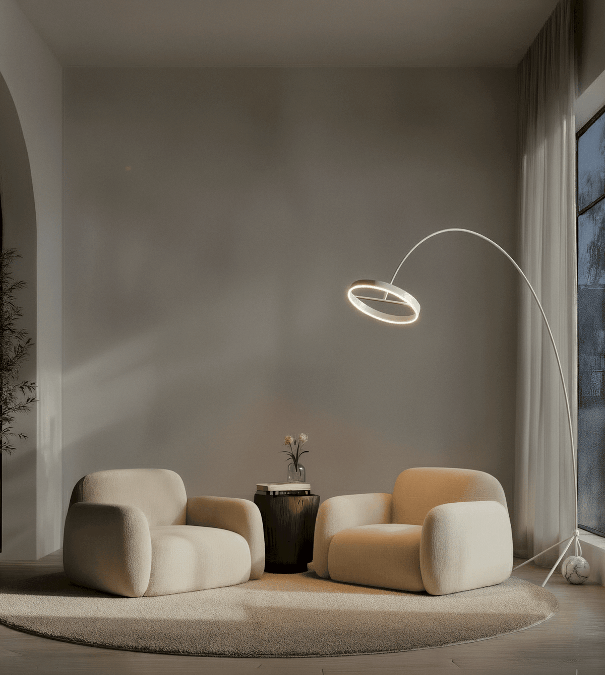 Aurelia Modern Arc Floor Lamp | Dimmable LED Ring Floor Light with Remote, Black Chrome or White
