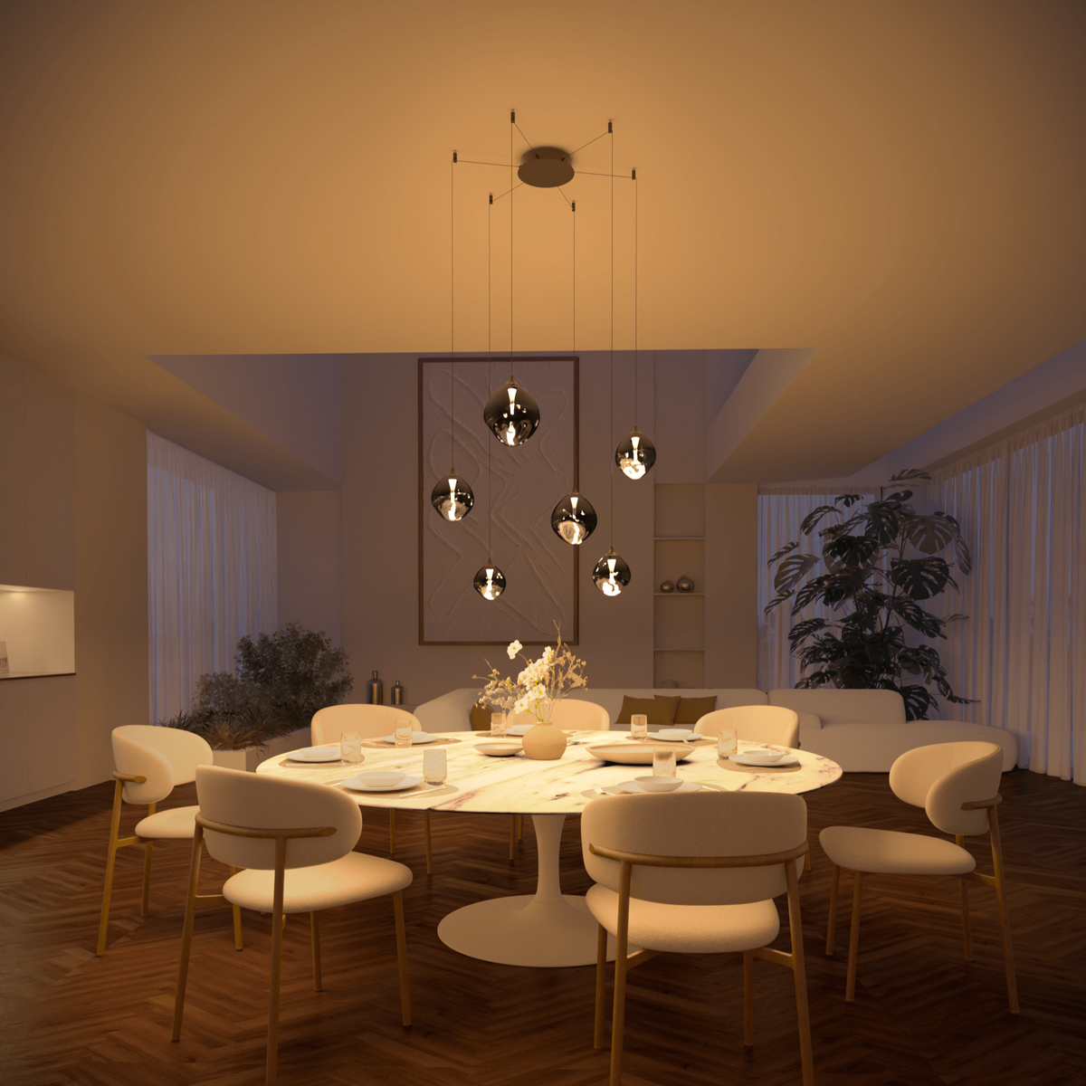 Cascade Modern Glass Pendant Light | Hand-Blown Six-Light Black and Chrome LED Chandelier, Dimmable