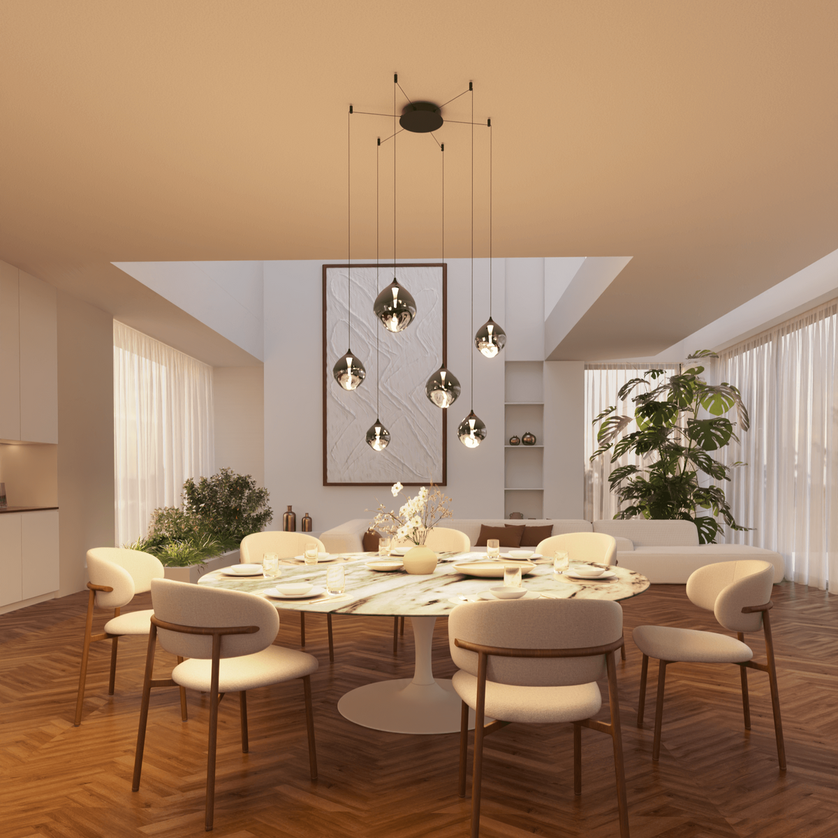 Cascade Modern Glass Pendant Light | Hand-Blown Six-Light Black and Chrome LED Chandelier, Dimmable