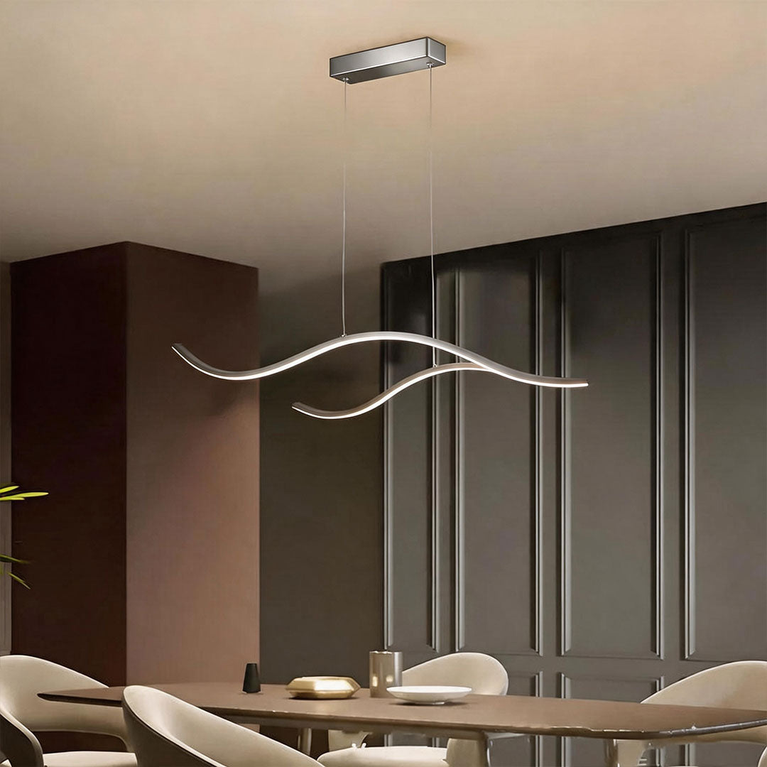 Crescent Modern Wave Linear Pendant Light | Dimmable LED Kitchen Island Chandelier, Black, Gold or Chrome