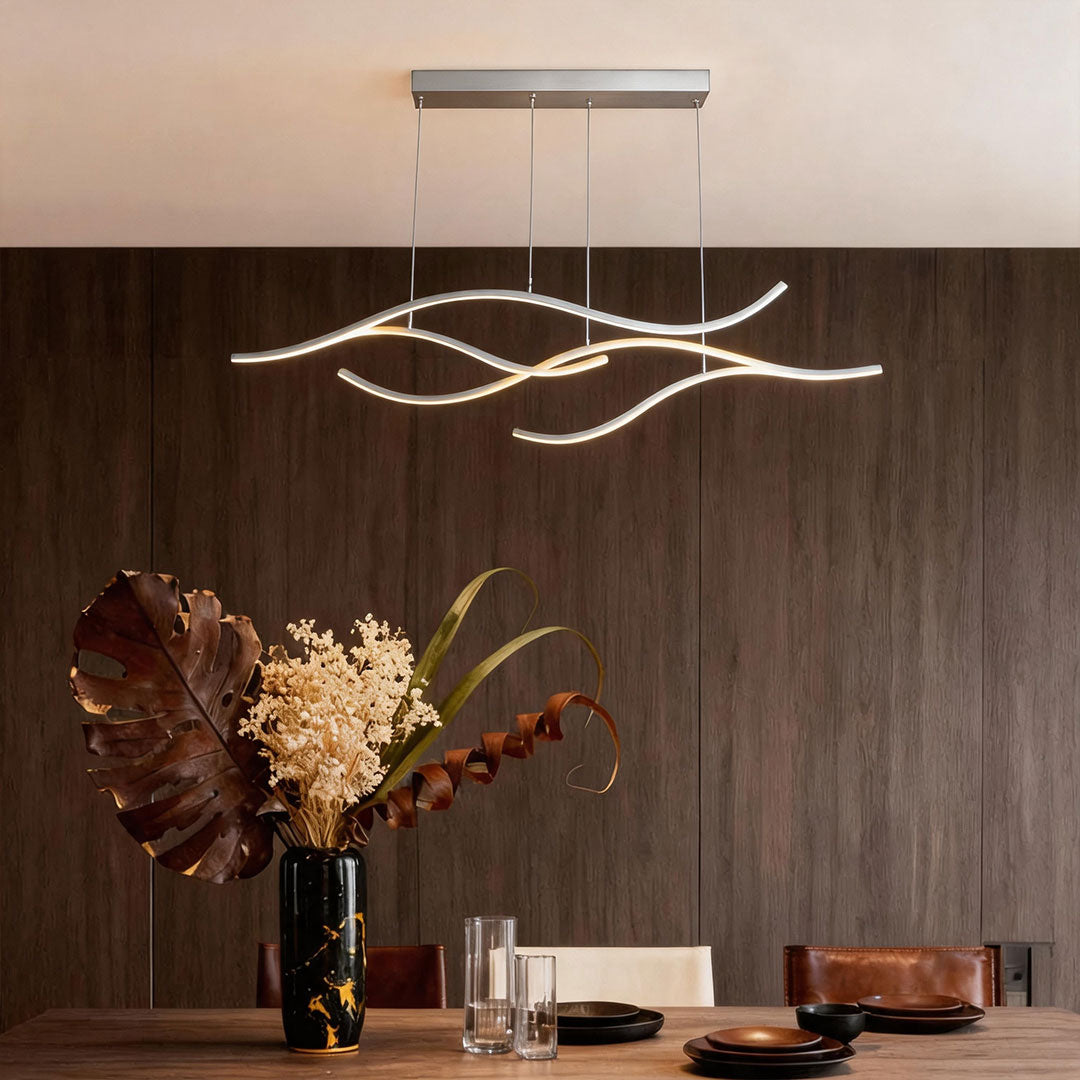 Crescent Modern Wave Linear Pendant Light | Dimmable LED Kitchen Island Chandelier, Black, Gold or Chrome