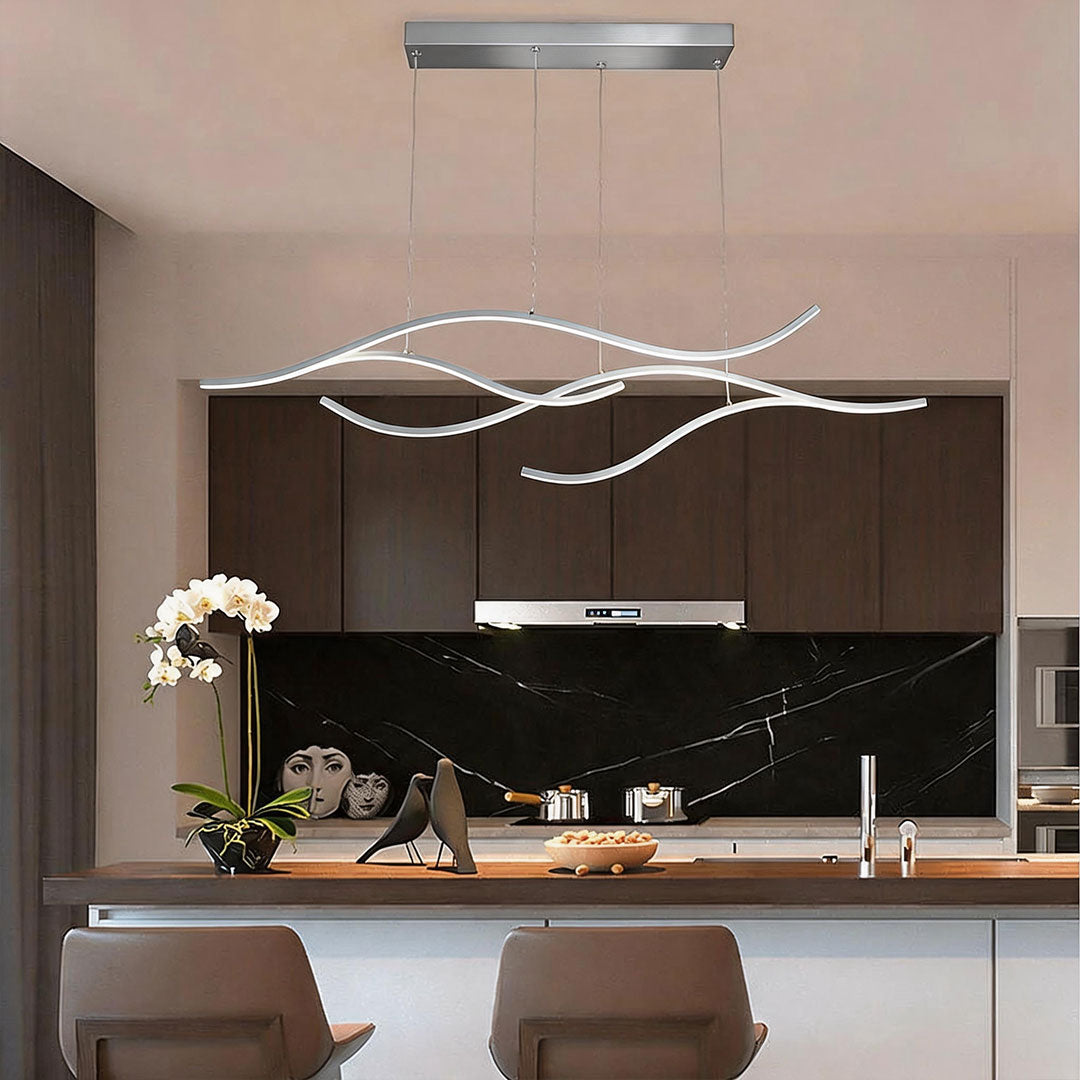 Crescent Modern Wave Linear Pendant Light | Dimmable LED Kitchen Island Chandelier, Black, Gold or Chrome