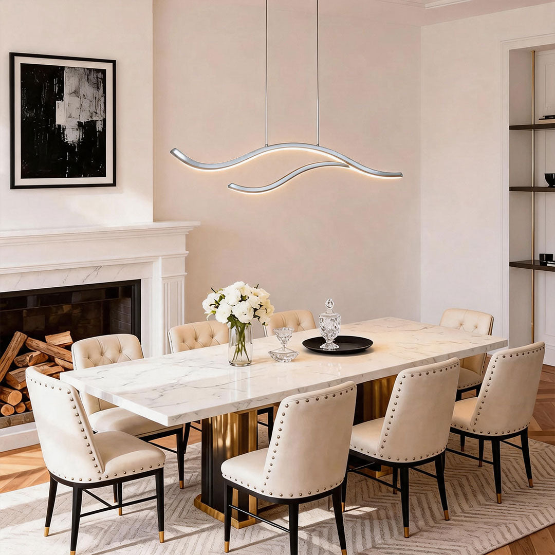 Crescent Modern Wave Linear Pendant Light | Dimmable LED Kitchen Island Chandelier, Black, Gold or Chrome
