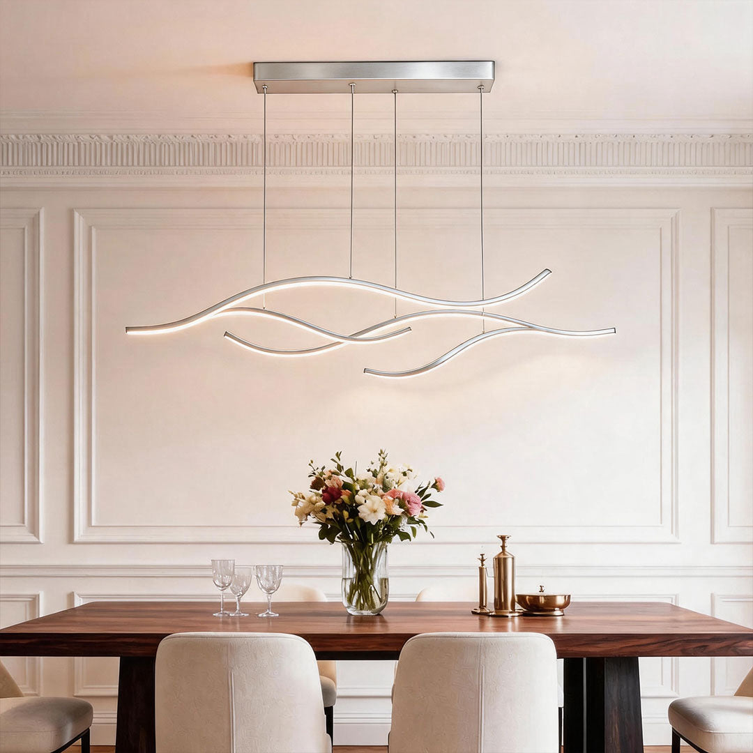 Crescent Modern Wave Linear Pendant Light | Dimmable LED Kitchen Island Chandelier, Black, Gold or Chrome