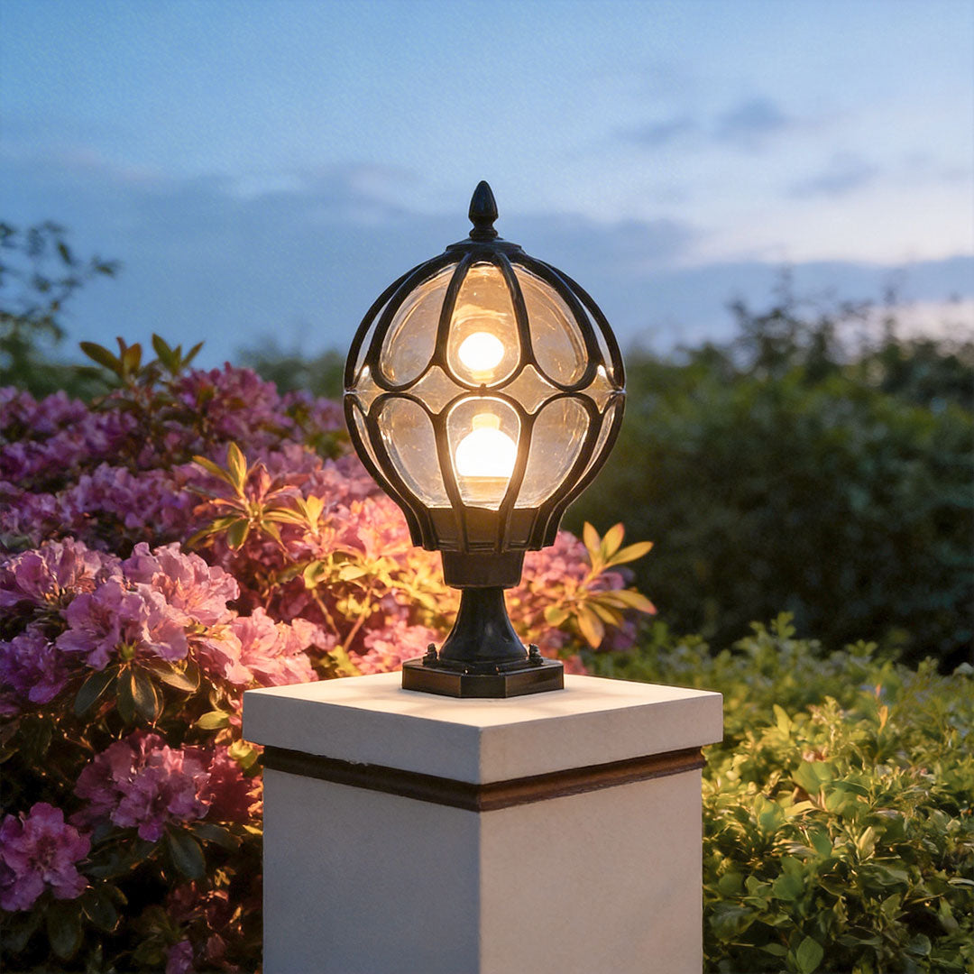 Marlowe Retro Globe Pillar Light | Outdoor Fence Post Lantern with Glass Globe, Black or Bronze
