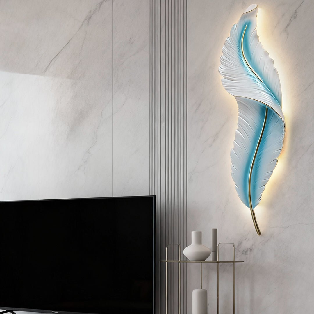 Plume Sculptural Feather Wall Light | Modern LED Wall Sconce in White, Blue or Pink Resin