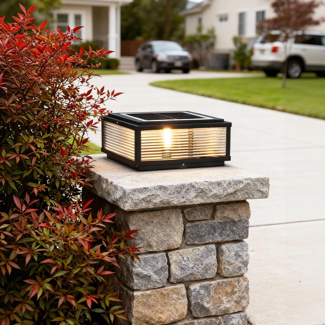 Pharos Modern Solar Pillar Light | Ribbed Glass Outdoor LED Post Light, Solar or Hardwired