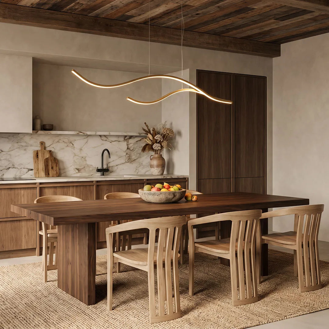 Crescent Modern Wave Linear Pendant Light | Dimmable LED Kitchen Island Chandelier, Black, Gold or Chrome
