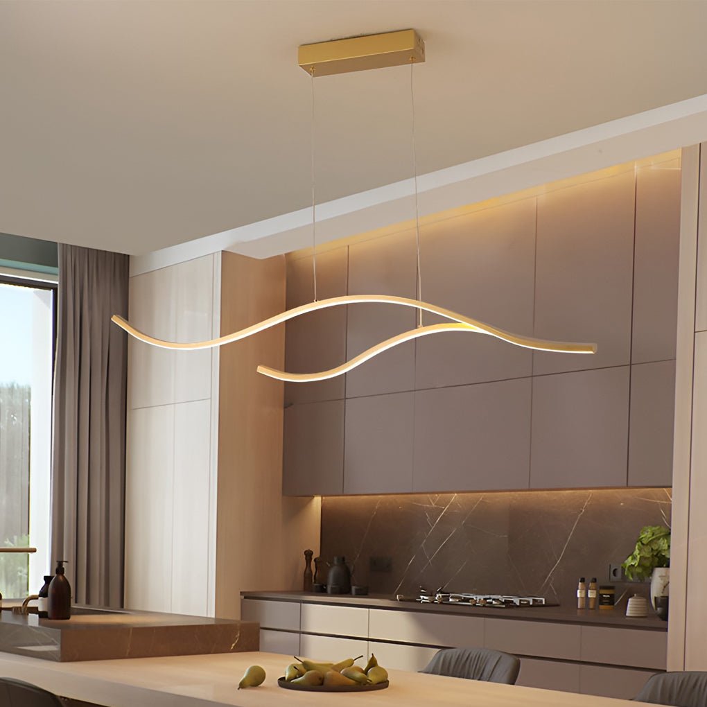 Crescent Modern Wave Linear Pendant Light | Dimmable LED Kitchen Island Chandelier, Black, Gold or Chrome