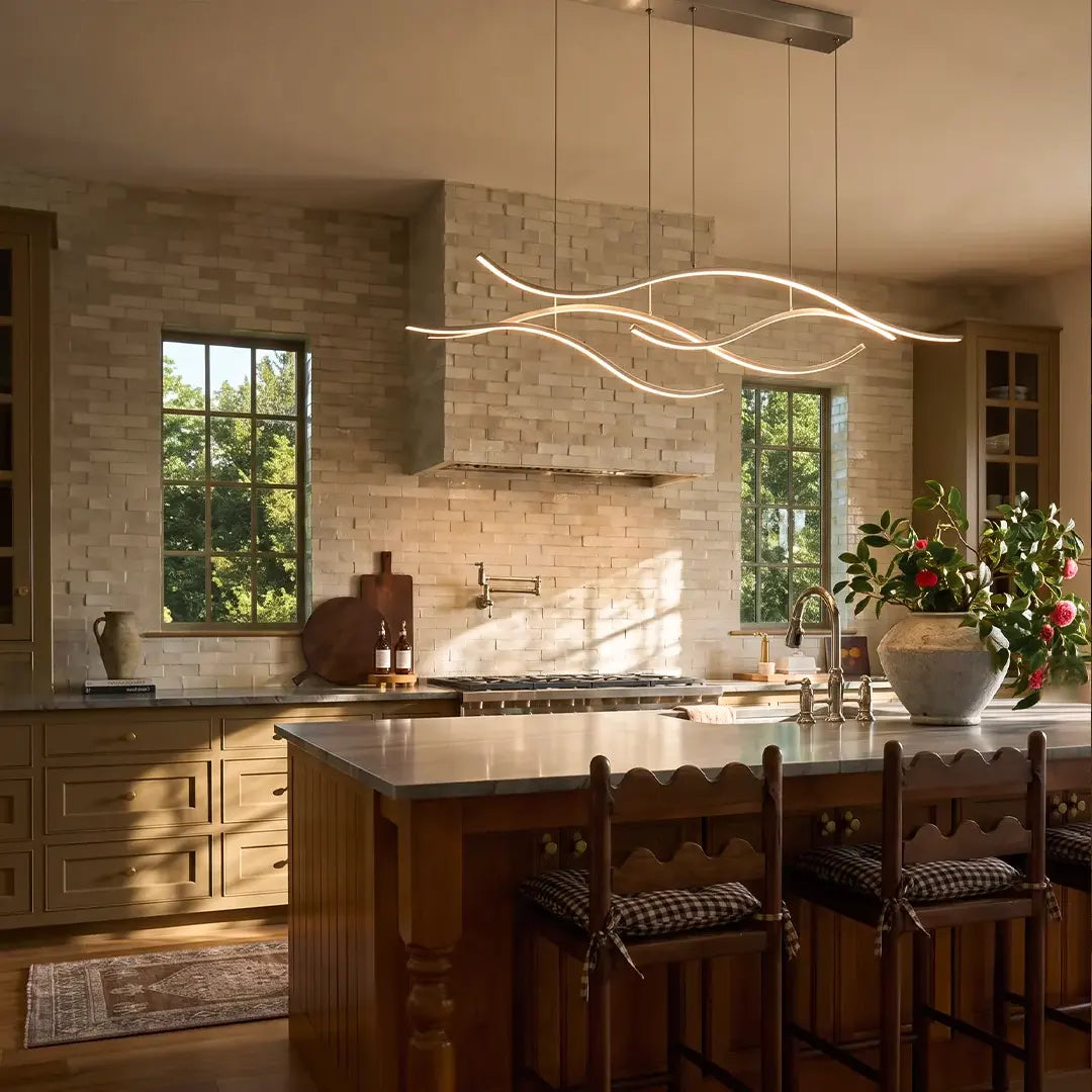 Crescent Modern Wave Linear Pendant Light | Dimmable LED Kitchen Island Chandelier, Black, Gold or Chrome