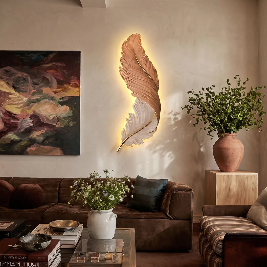 Aviary Art Deco Feather Wall Lamp | LED Wall Art Mood Light with Remote for Living Room and Bedroom