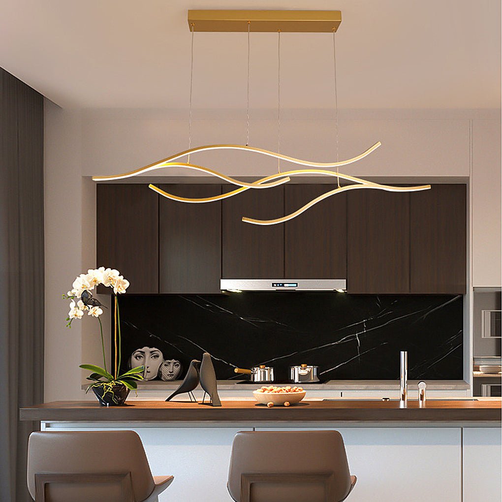Crescent Modern Wave Linear Pendant Light | Dimmable LED Kitchen Island Chandelier, Black, Gold or Chrome