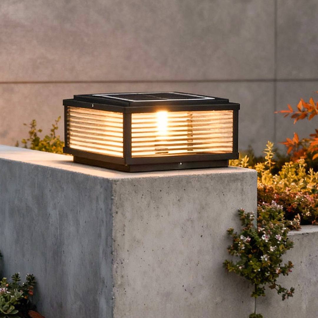 Pharos Modern Solar Pillar Light | Ribbed Glass Outdoor LED Post Light, Solar or Hardwired