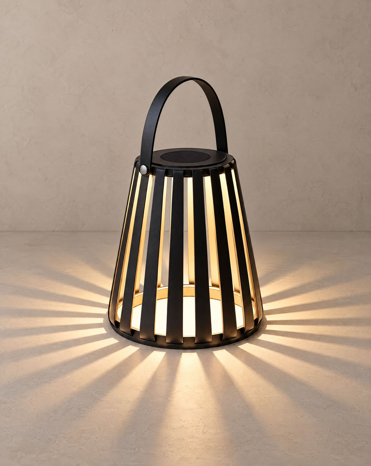 Solsence Ember portable solar lantern lit with warm 3000K glow on a greige wall