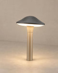 Solsence Morel mushroom path light lit with warm 3000K glow on a greige wall