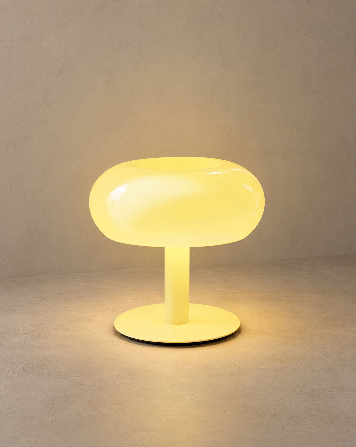 Solsence Fungo mushroom table lamp - Pastel Yellow lit with warm 3000K glow on a greige wall