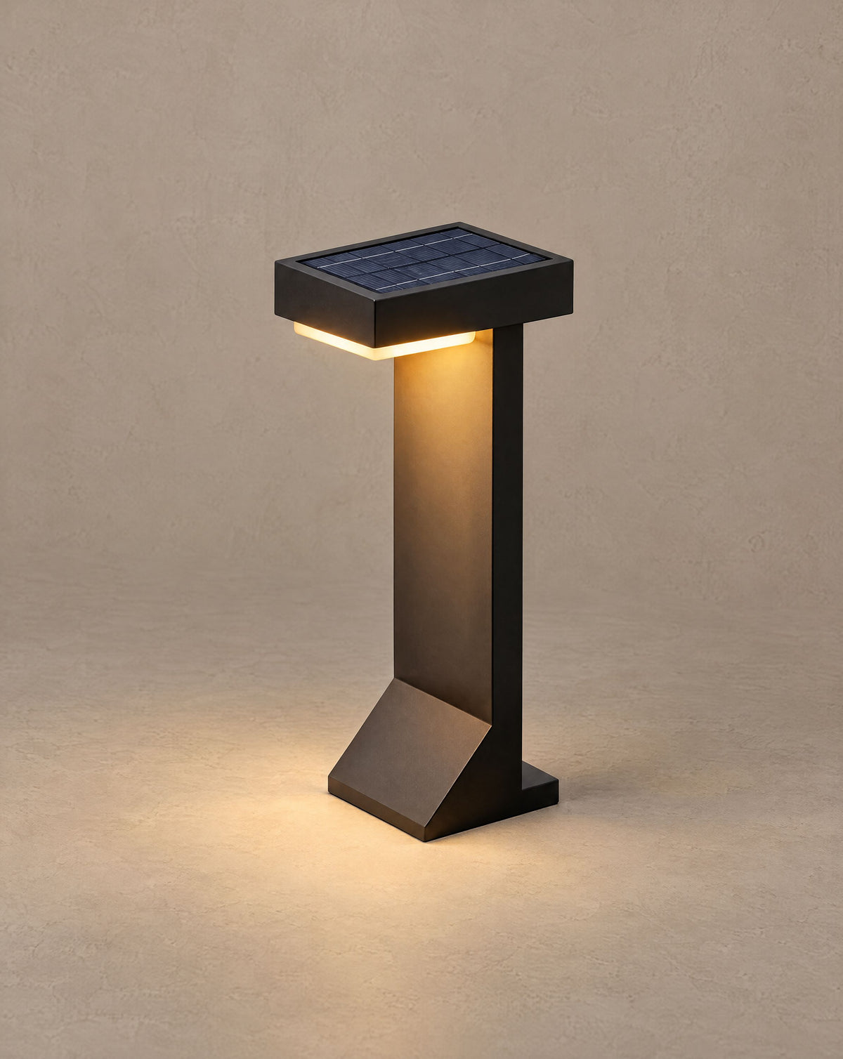 Solsence Tessel solar path light lit with warm 3000K glow against a greige backdrop