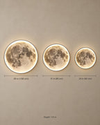 Orbis modern moon wall light size chart - 24, 31 and 39 inch diameters with dimensions