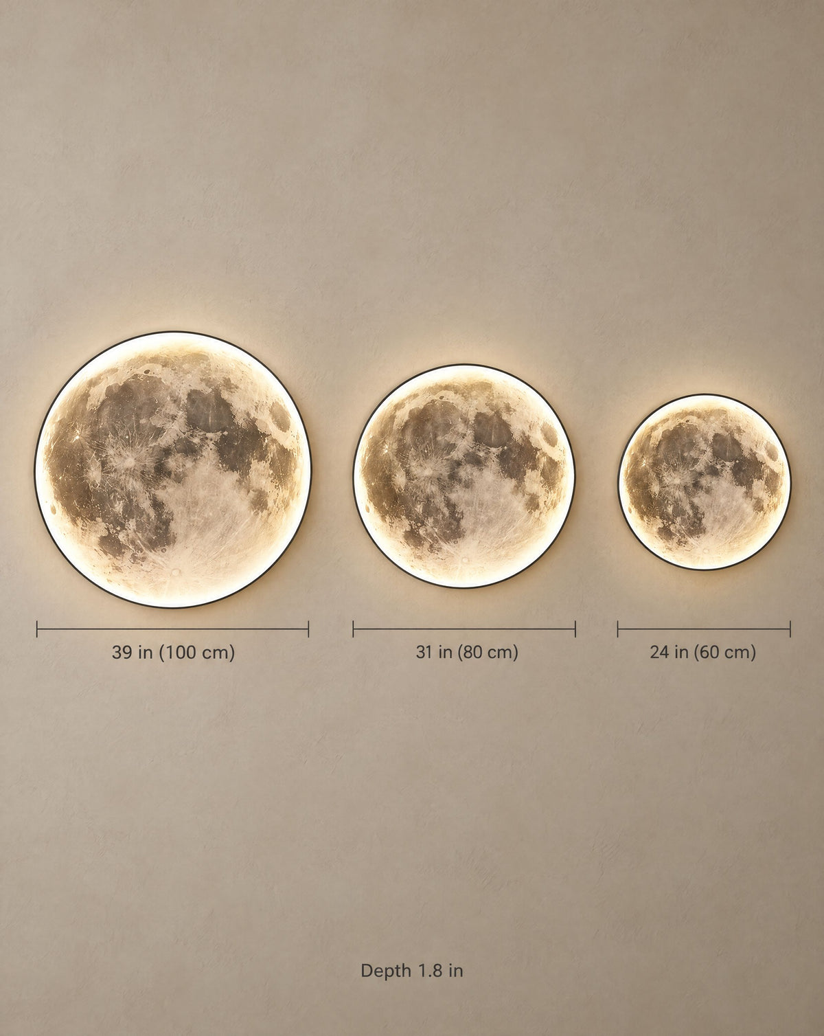 Orbis modern moon wall light size chart - 24, 31 and 39 inch diameters with dimensions