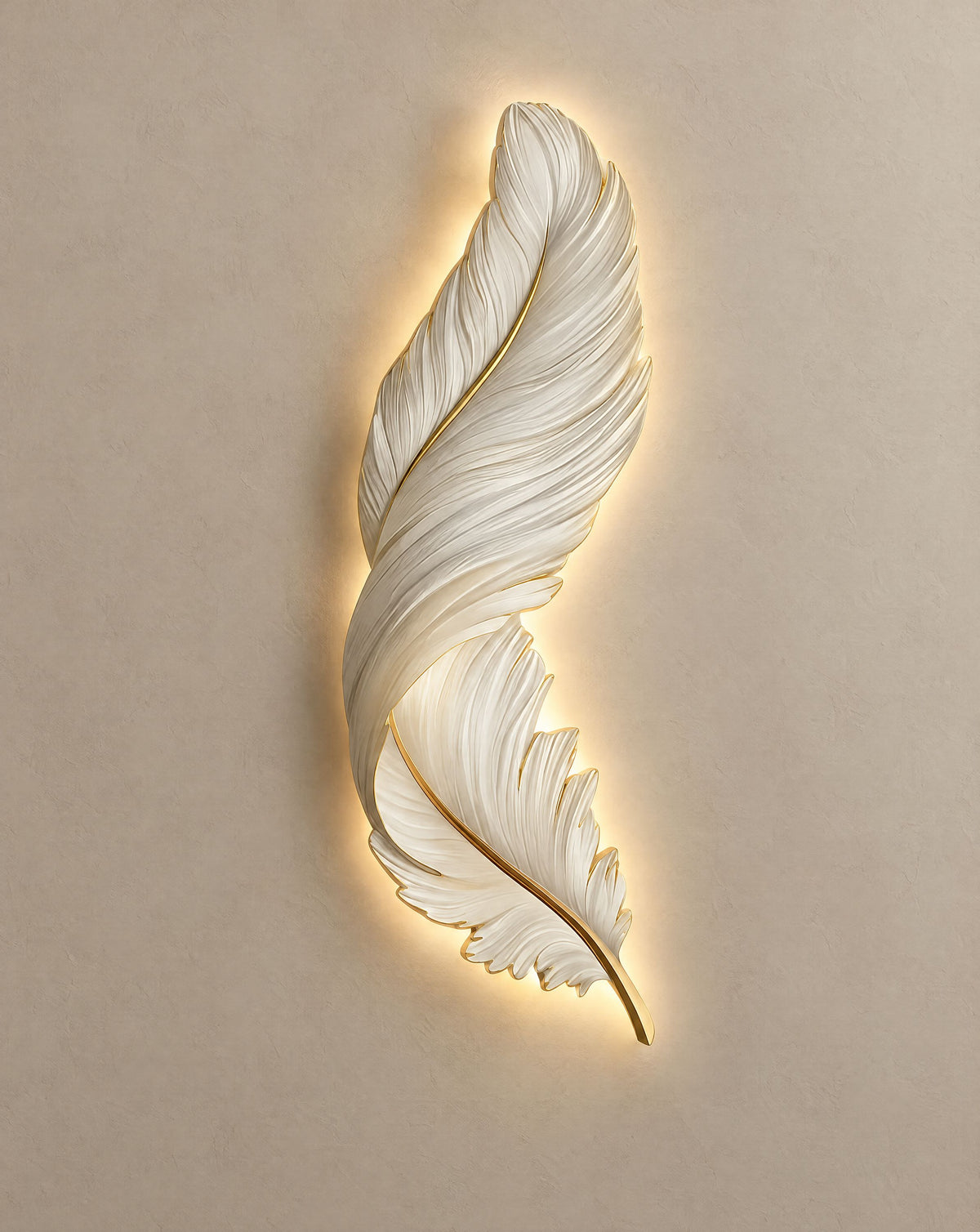 Solsence Aviary White feather LED wall lamp lit with warm 3000K glow on a greige wall
