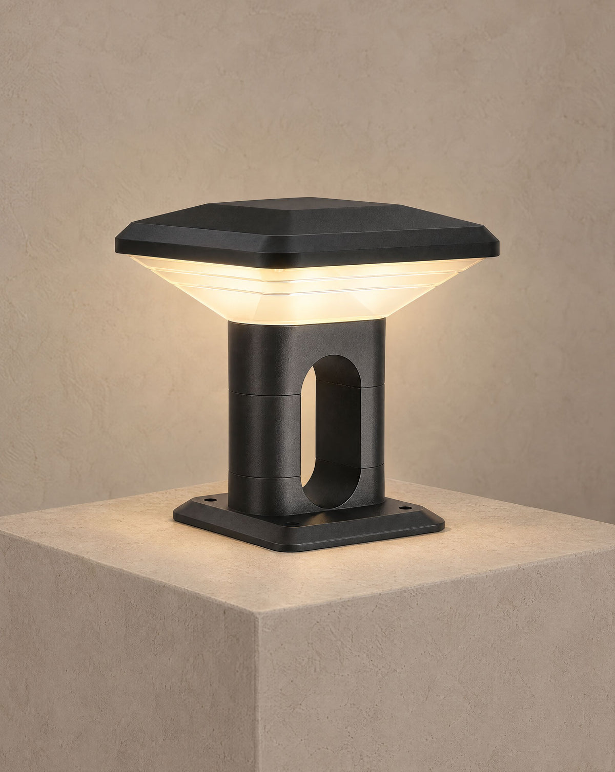 Solsence Ridge hardwired gate pillar light lit with warm 3000K glow on a greige wall