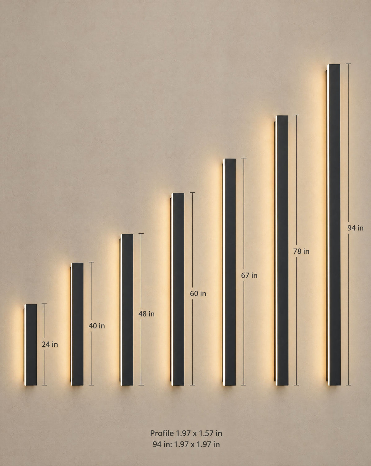 Linea modern outdoor linear wall light size chart - 24, 40, 48, 60, 67, 78 and 94 inch lengths with dimensions