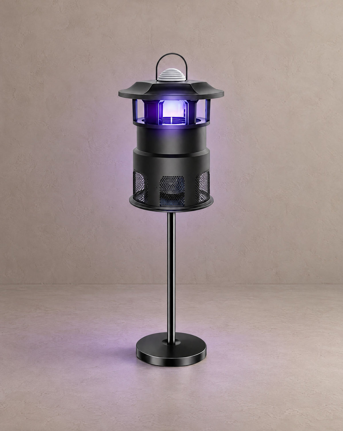 Solsence Nox mosquito trap path light - Base lit with warm 3000K glow on a greige wall