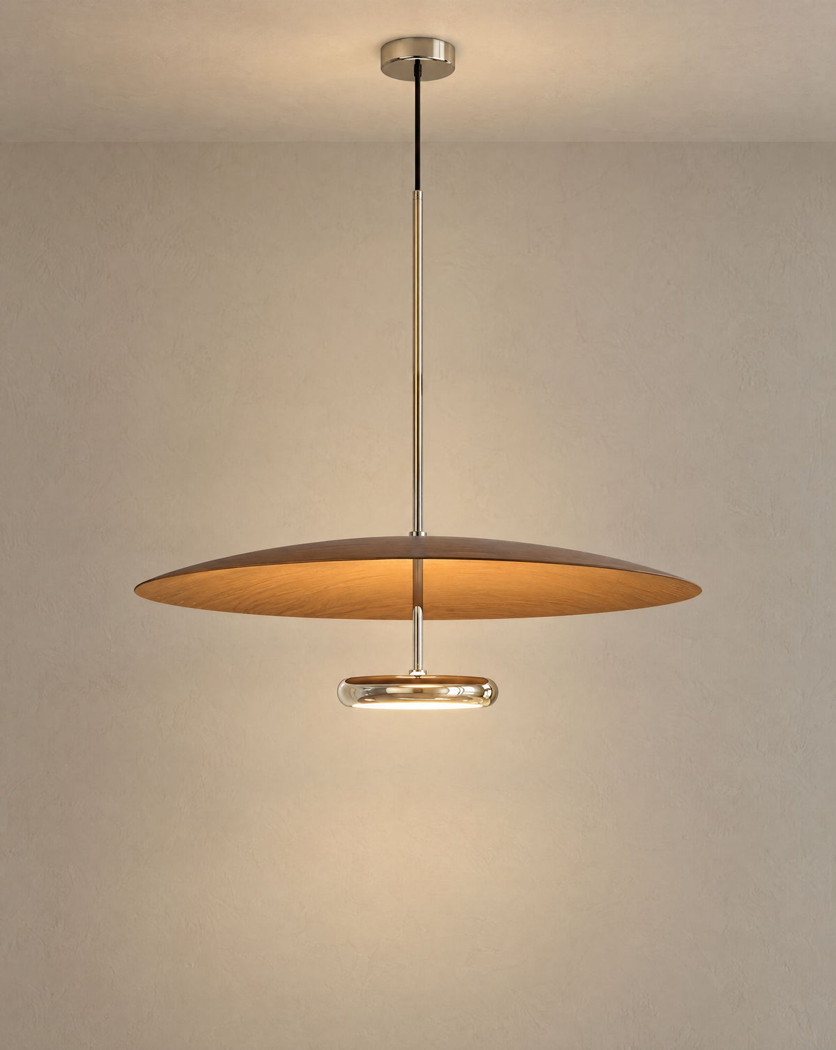 Solsence Walden mid-century pendant light - Walnut lit with warm 3000K glow on a greige wall