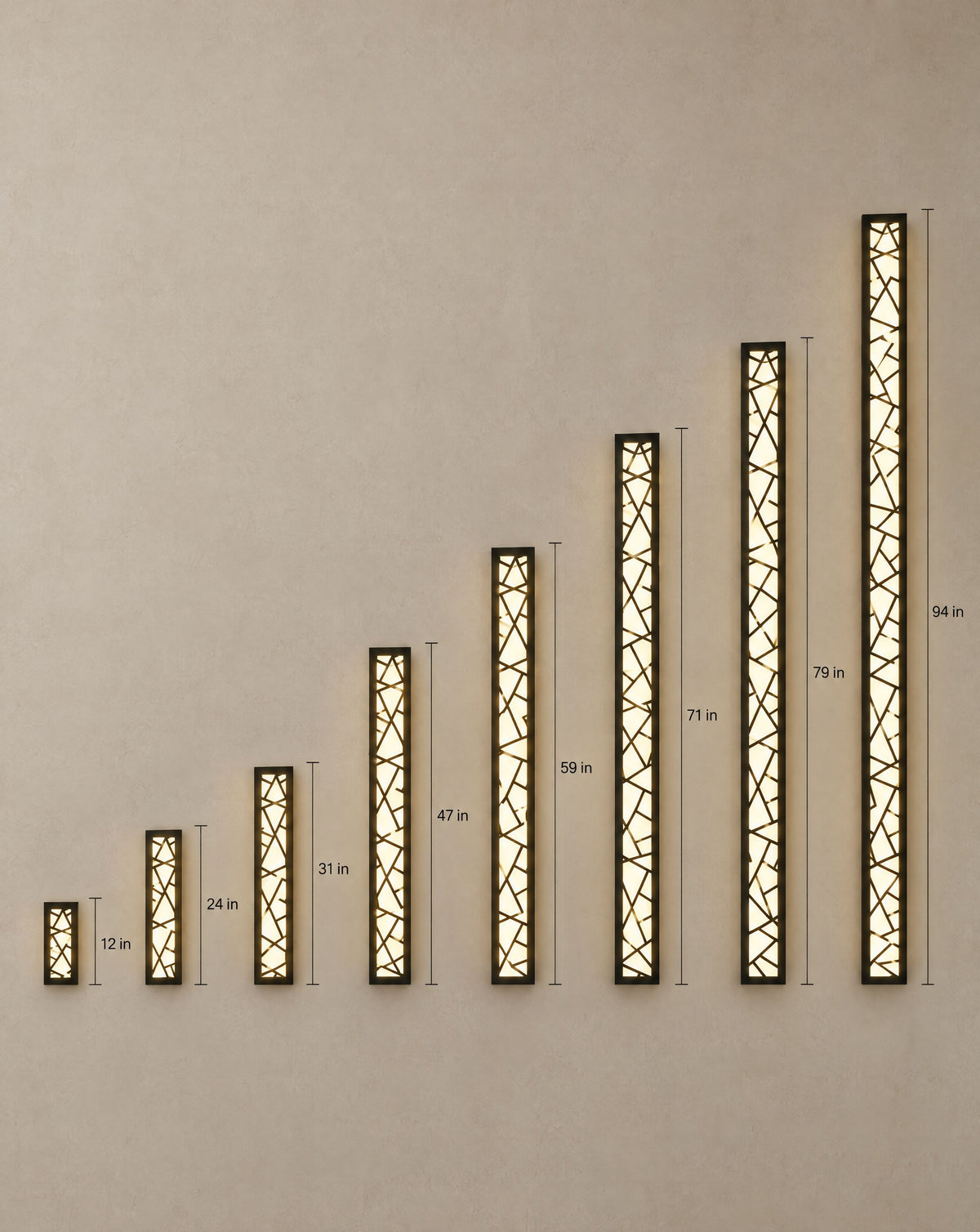 Meridian modern linear outdoor wall light size chart - 12 to 94 inch lengths with dimensions