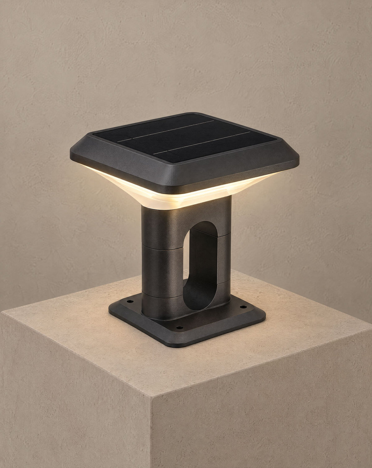 Solsence Ridge solar gate pillar light lit with warm 3000K glow on a greige wall