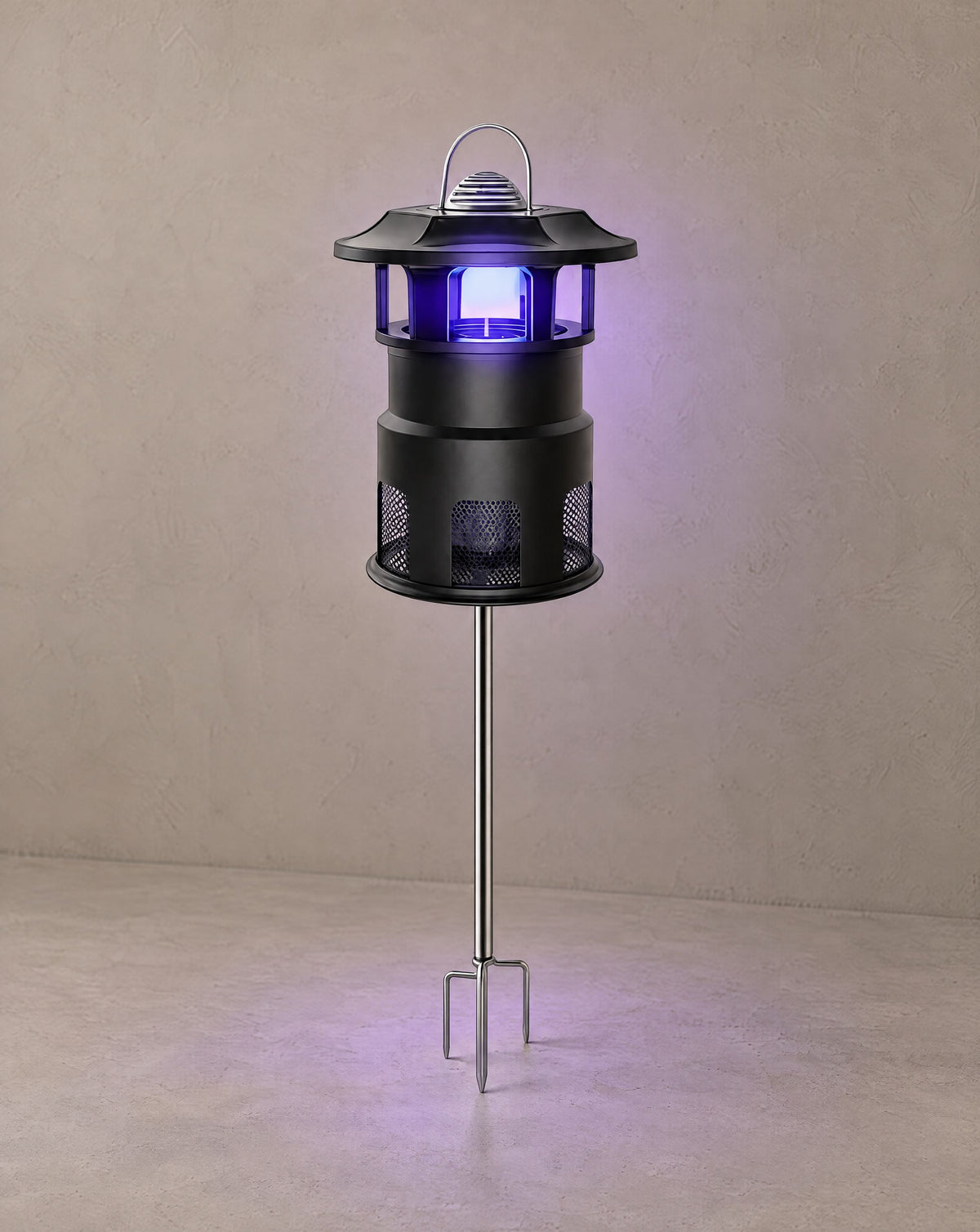Solsence Nox mosquito trap path light - Stake lit with warm 3000K glow on a greige wall