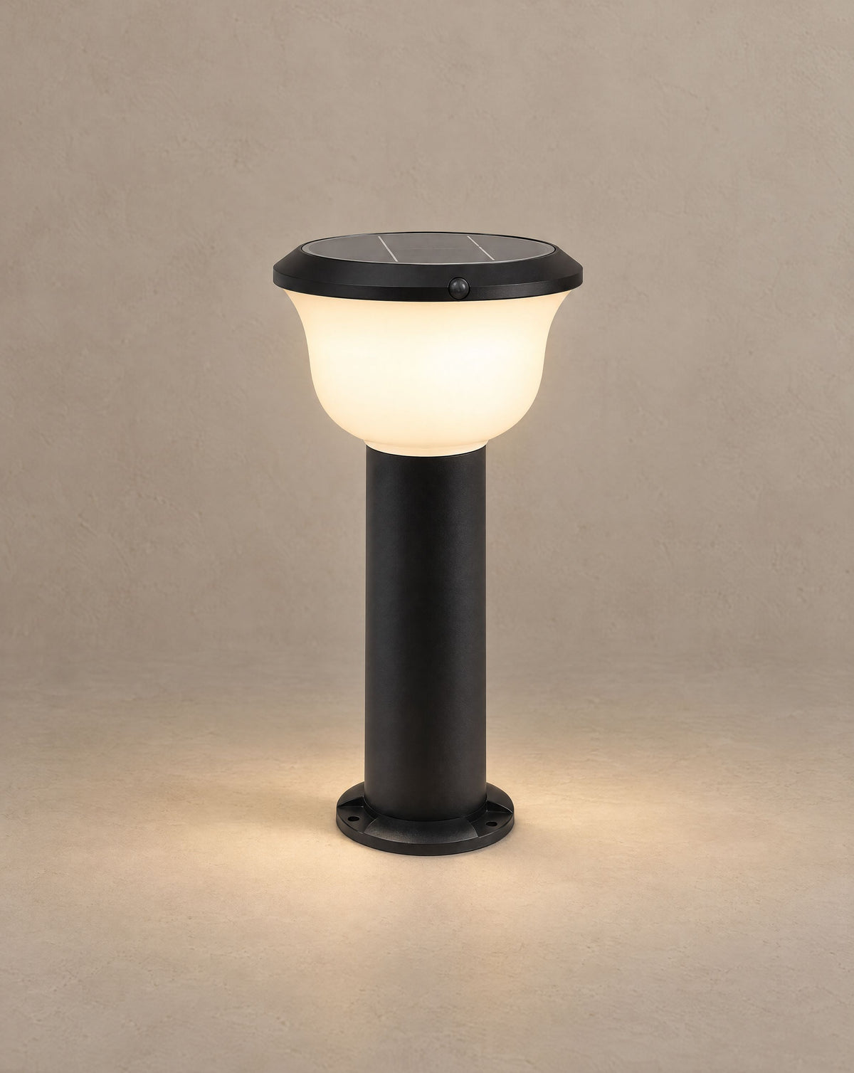Solsence Calyx solar path light lit with warm 3000K glow against a greige backdrop