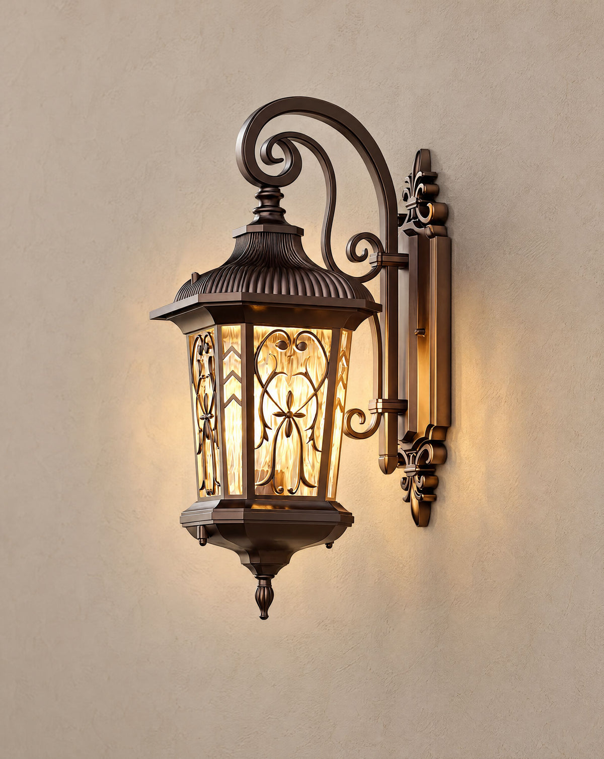 Solsence Larkin vintage outdoor wall lantern lit with warm 3000K glow on a greige wall