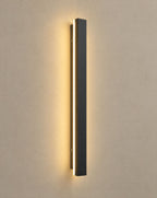 SCI Lighting Linea slim black LED linear outdoor wall light lit with warm 3000K glow on a greige wall