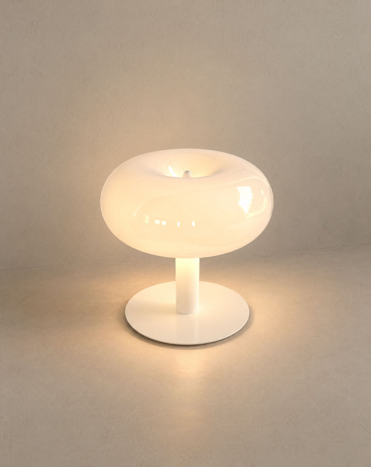 Solsence Fungo mushroom table lamp - White lit with warm 3000K glow on a greige wall