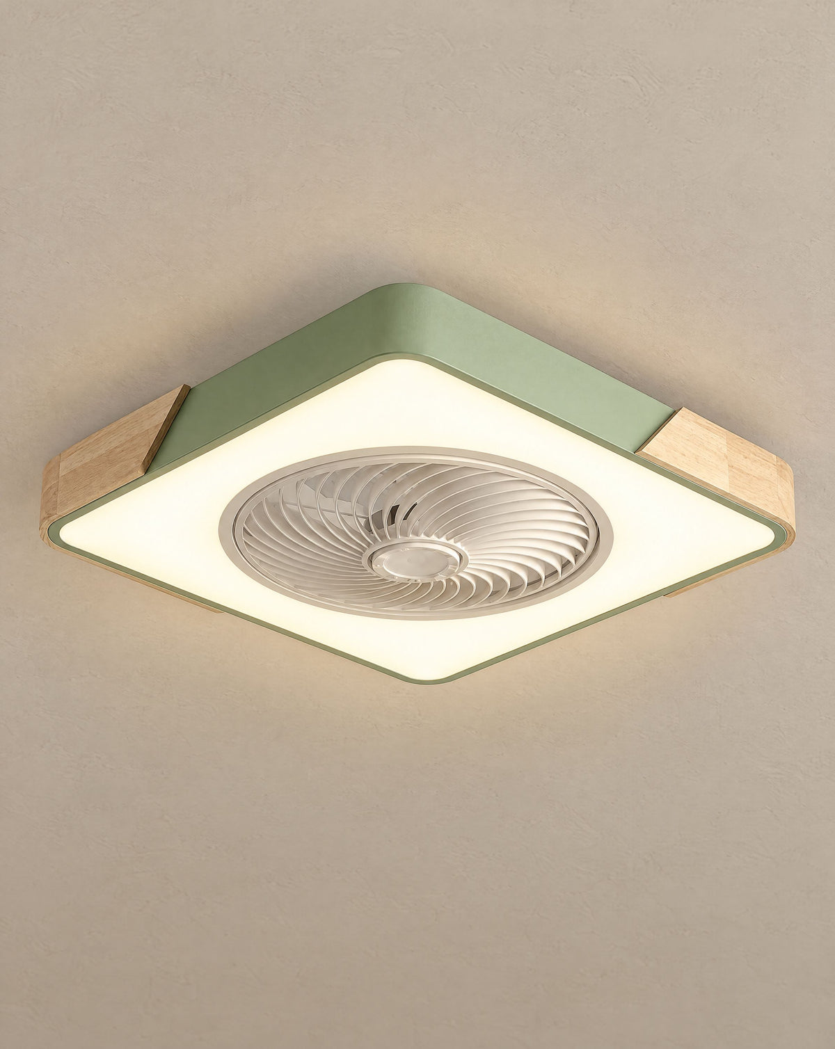 Solsence Aeris green square bladeless ceiling fan with light lit with warm 3000K glow against a greige backdrop