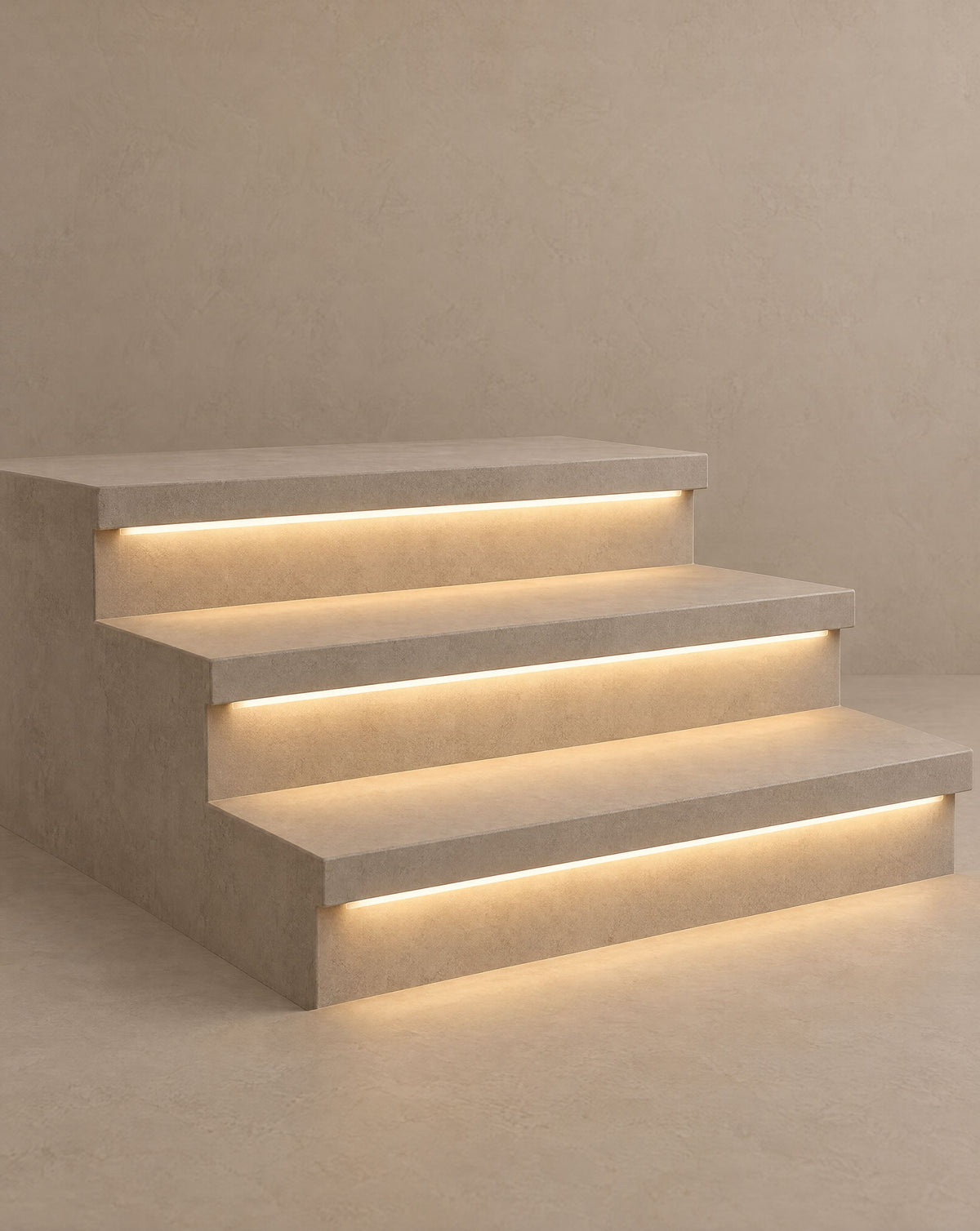 Solsence Stairline under-tread LED strip light lit with warm 3000K glow against a greige backdrop
