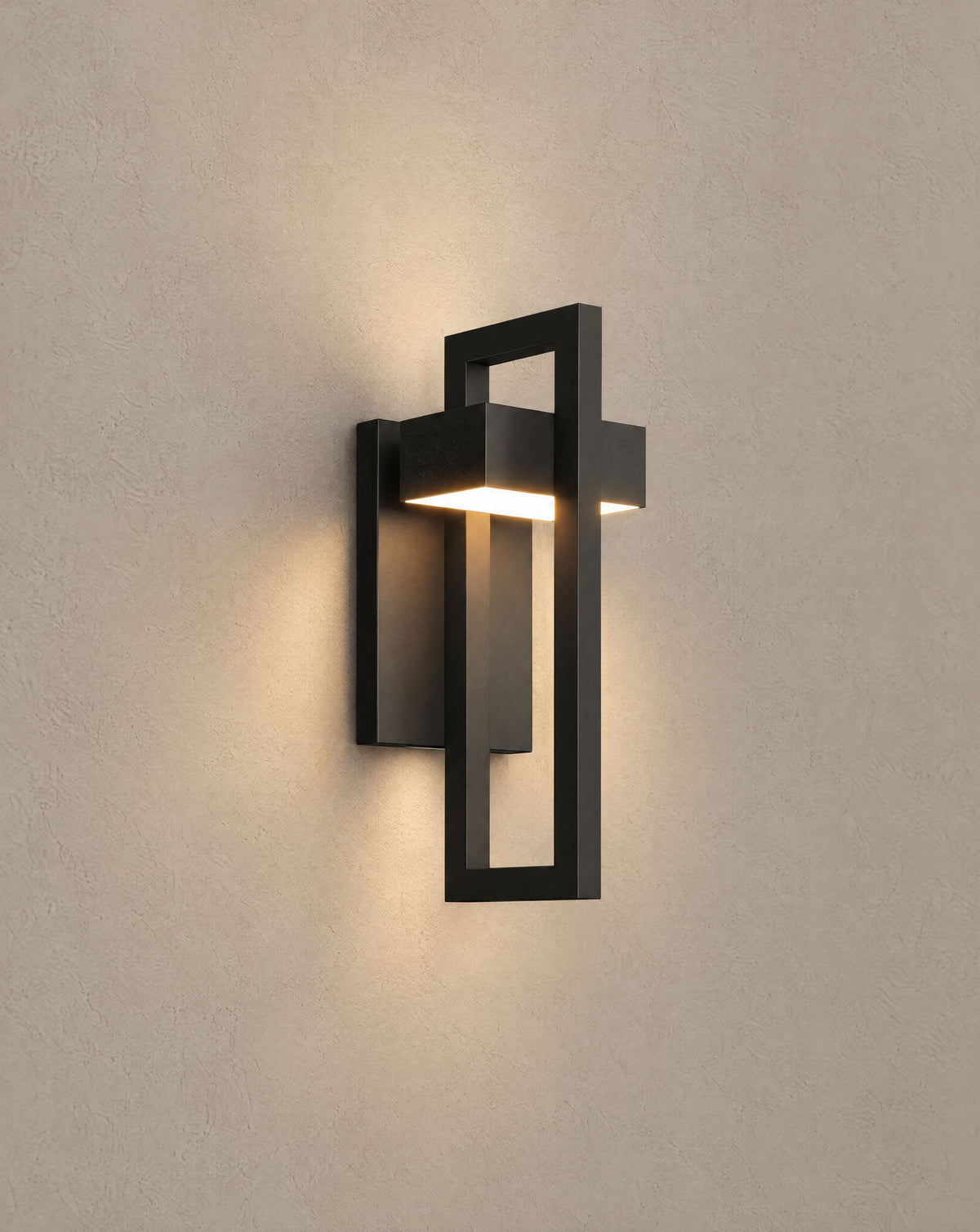 Solsence Vesper outdoor wall sconce lit with warm 3000K glow on a greige wall