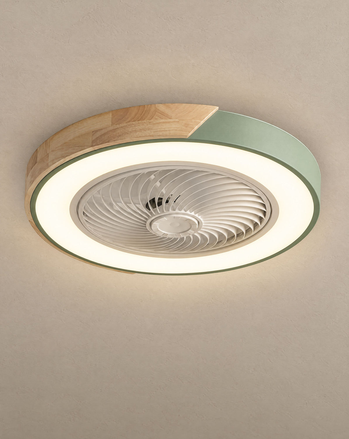 Solsence Aeris green round bladeless ceiling fan with light lit with warm 3000K glow against a greige backdrop