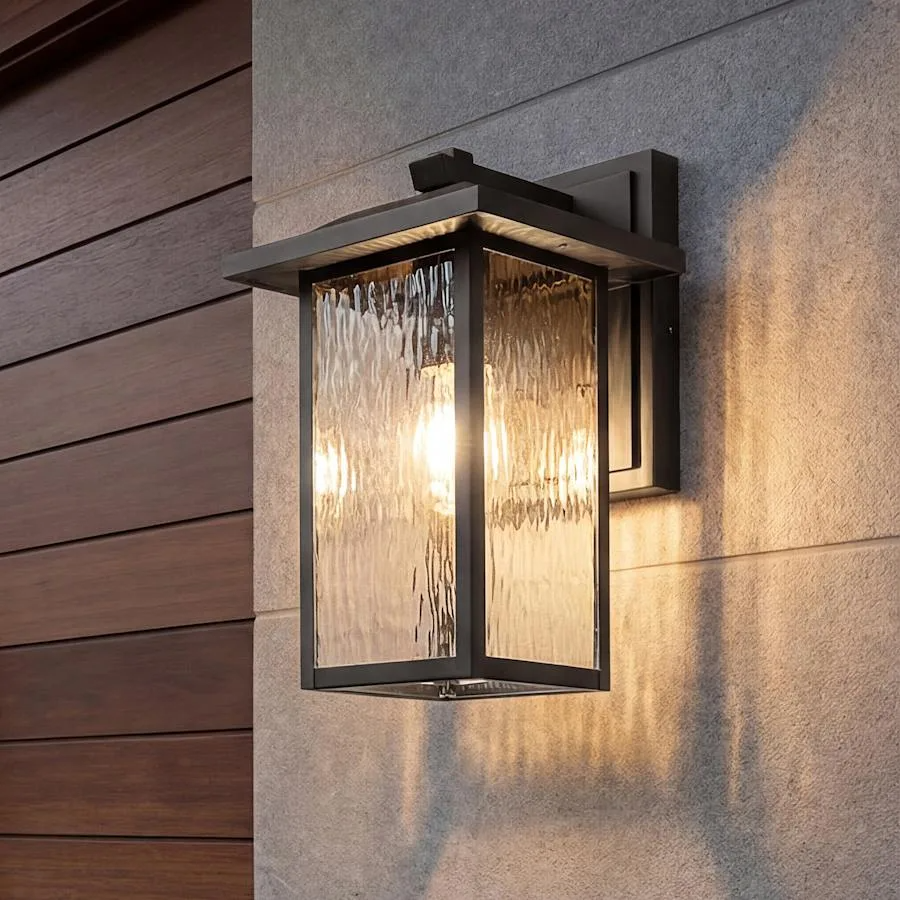Corbin Modern Outdoor Wall Lantern | Textured Black Aluminum Sconce with Waterfall Glass, Dimmable